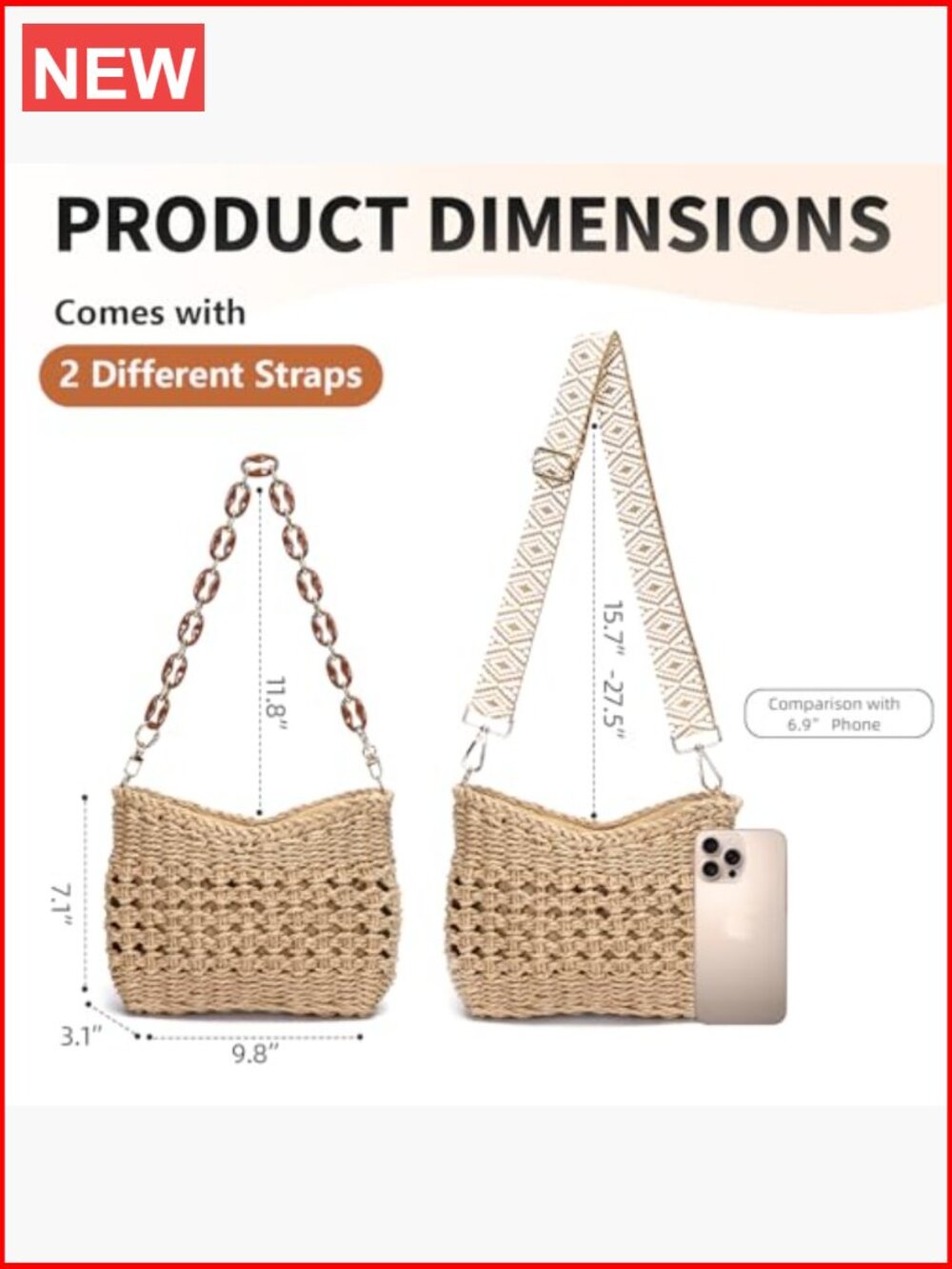 Handwoven Straw Crossbody Bag with Adjustable Guitar Strap, Zip Closure - Picture 6 of 7